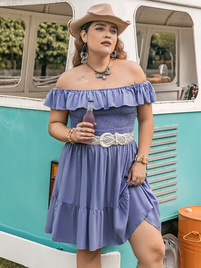Plus Size Ruffled Smocked Off - Shoulder Mini Dress - Flip Flop Dynasty