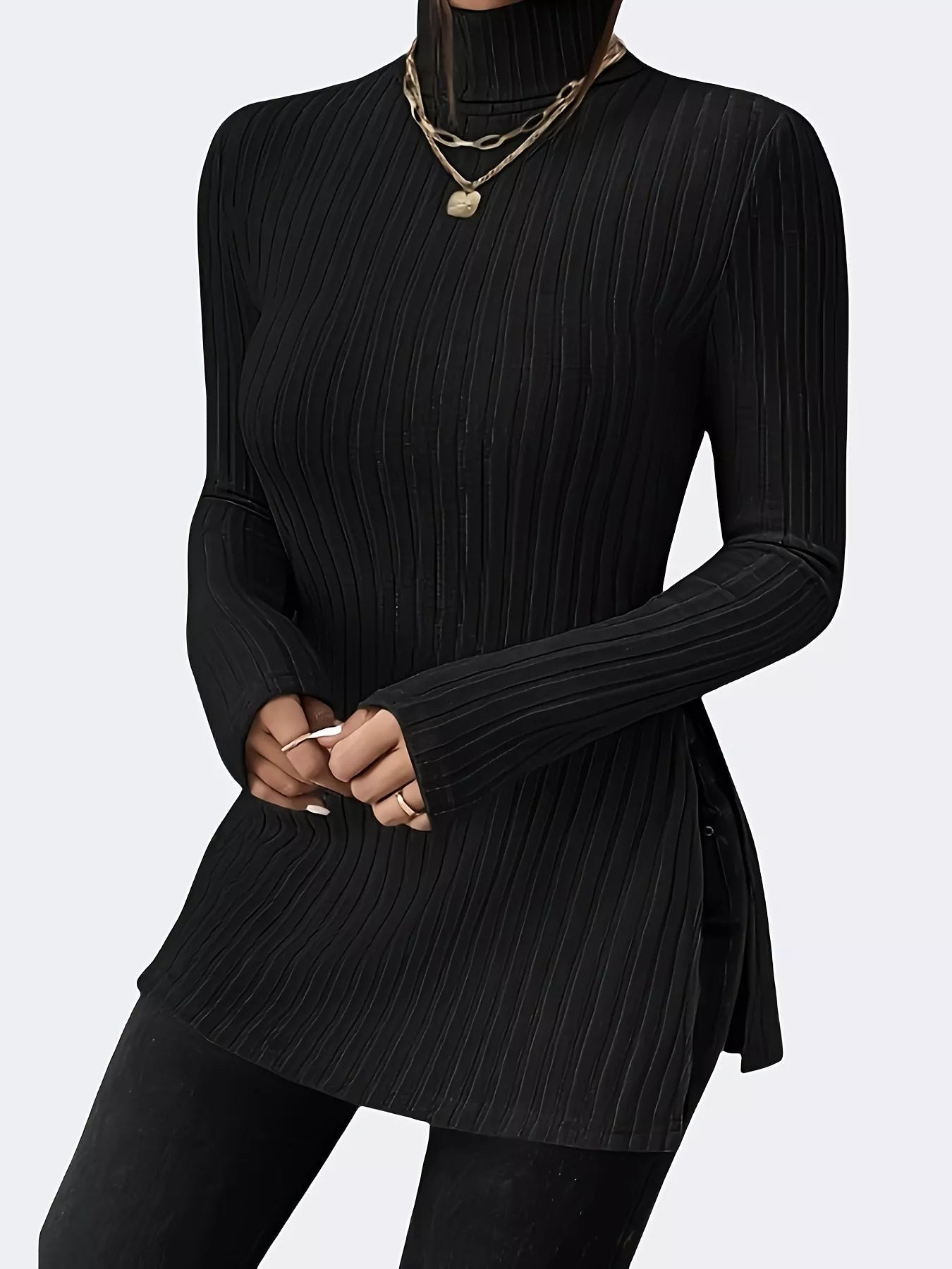 Plus Size Slit Ribbed Turtleneck Long Sleeve T-Shirt - Flip Flop Dynasty