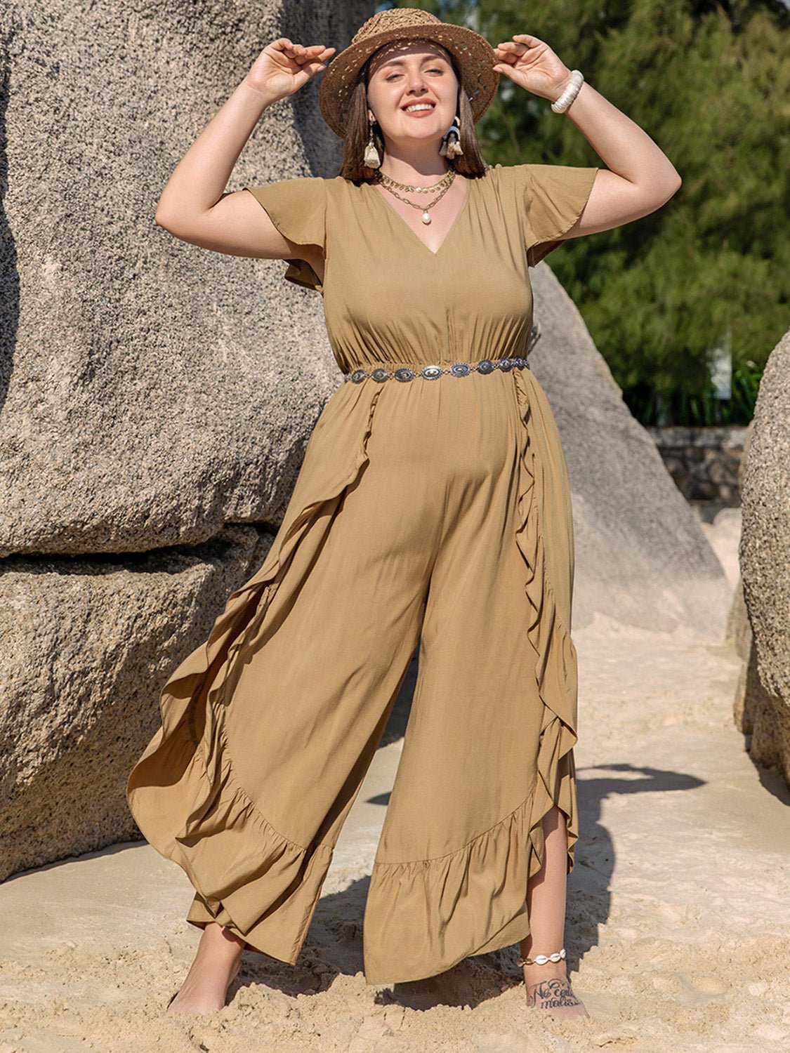 Plus Size Slit Ruffled V - Neck Jumpsuit - Flip Flop Dynasty
