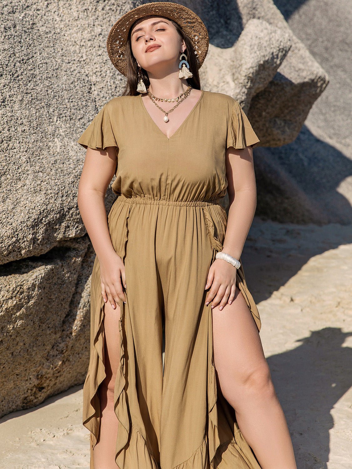 Plus Size Slit Ruffled V - Neck Jumpsuit - Flip Flop Dynasty