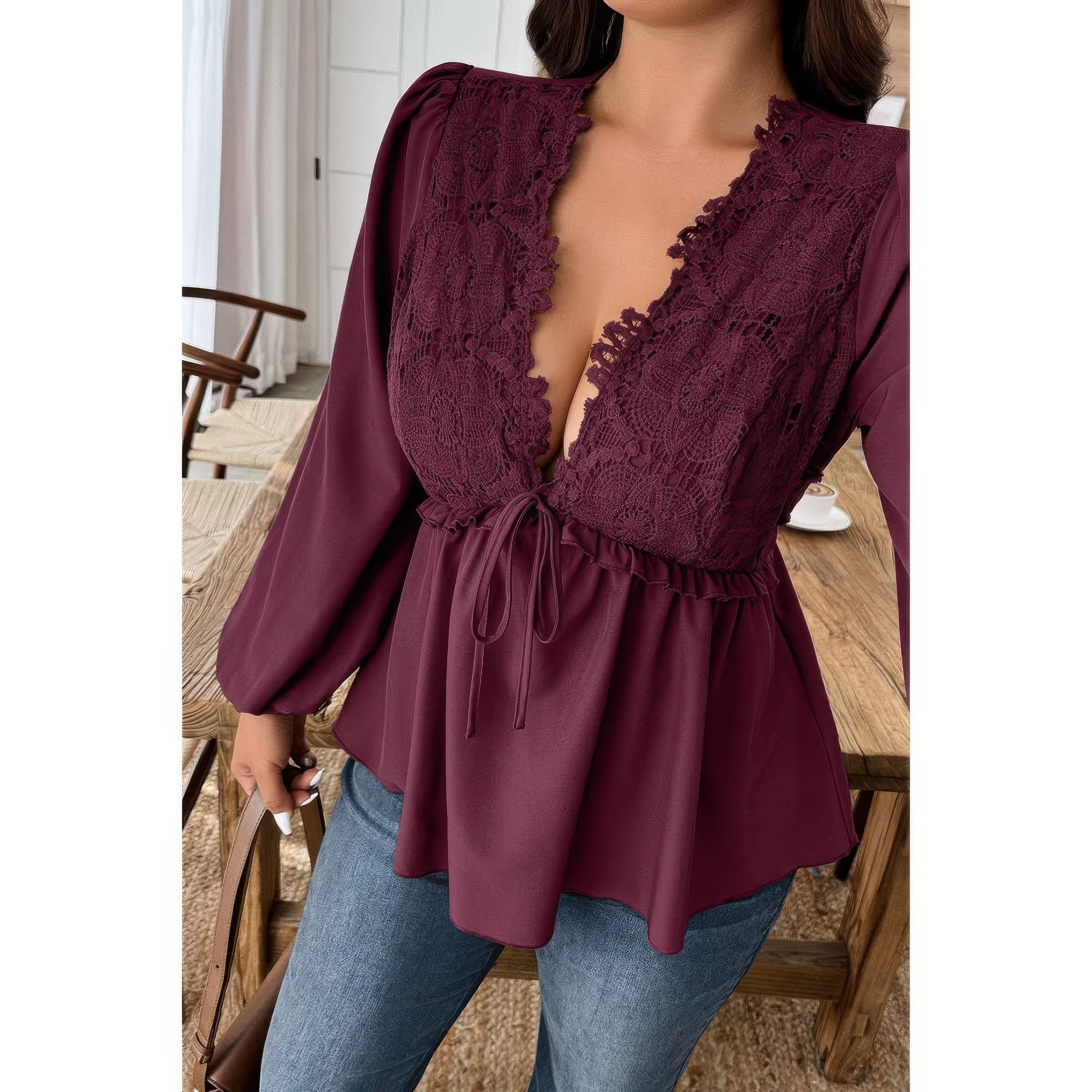 Plus Size Solid V Neck Lace Patchwork Shirt - Flip Flop Dynasty