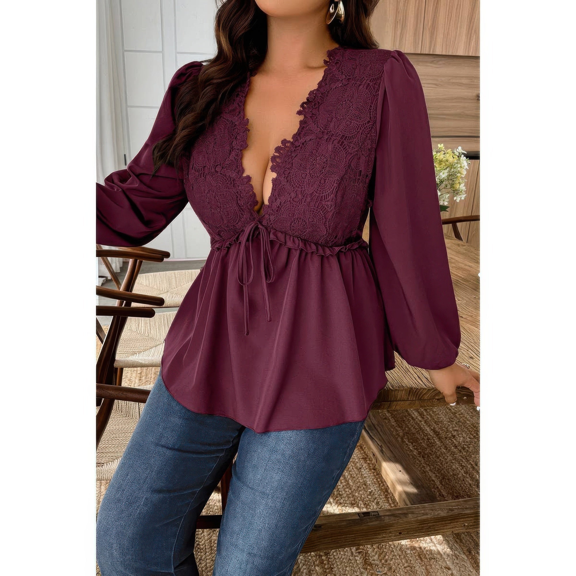 Plus Size Solid V Neck Lace Patchwork Shirt - Flip Flop Dynasty