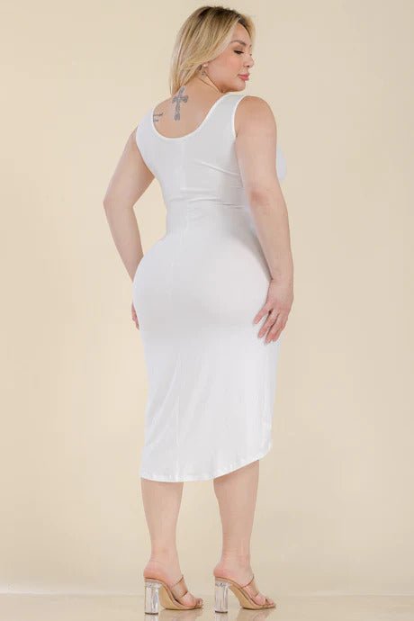 Plus Size Solid Wrap Front Tie Side Midi Dress - Flip Flop Dynasty