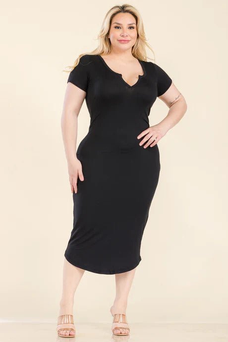 Plus Size Split Neck Bodycon Midi Dress - Flip Flop Dynasty