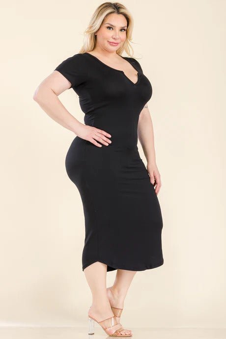 Plus Size Split Neck Bodycon Midi Dress - Flip Flop Dynasty