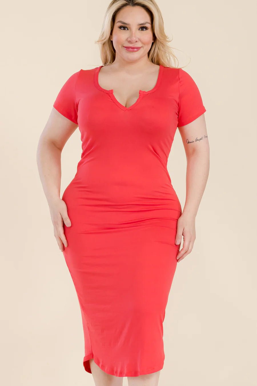 Plus Size Split Neck Bodycon Midi Dress - Flip Flop Dynasty