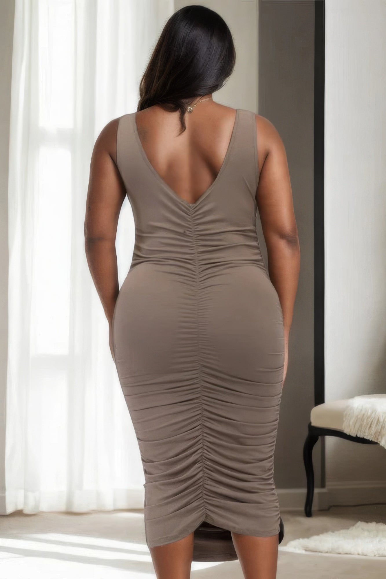 Plus Size Square Neck Ruched Bodycon Midi Dress - Flip Flop Dynasty