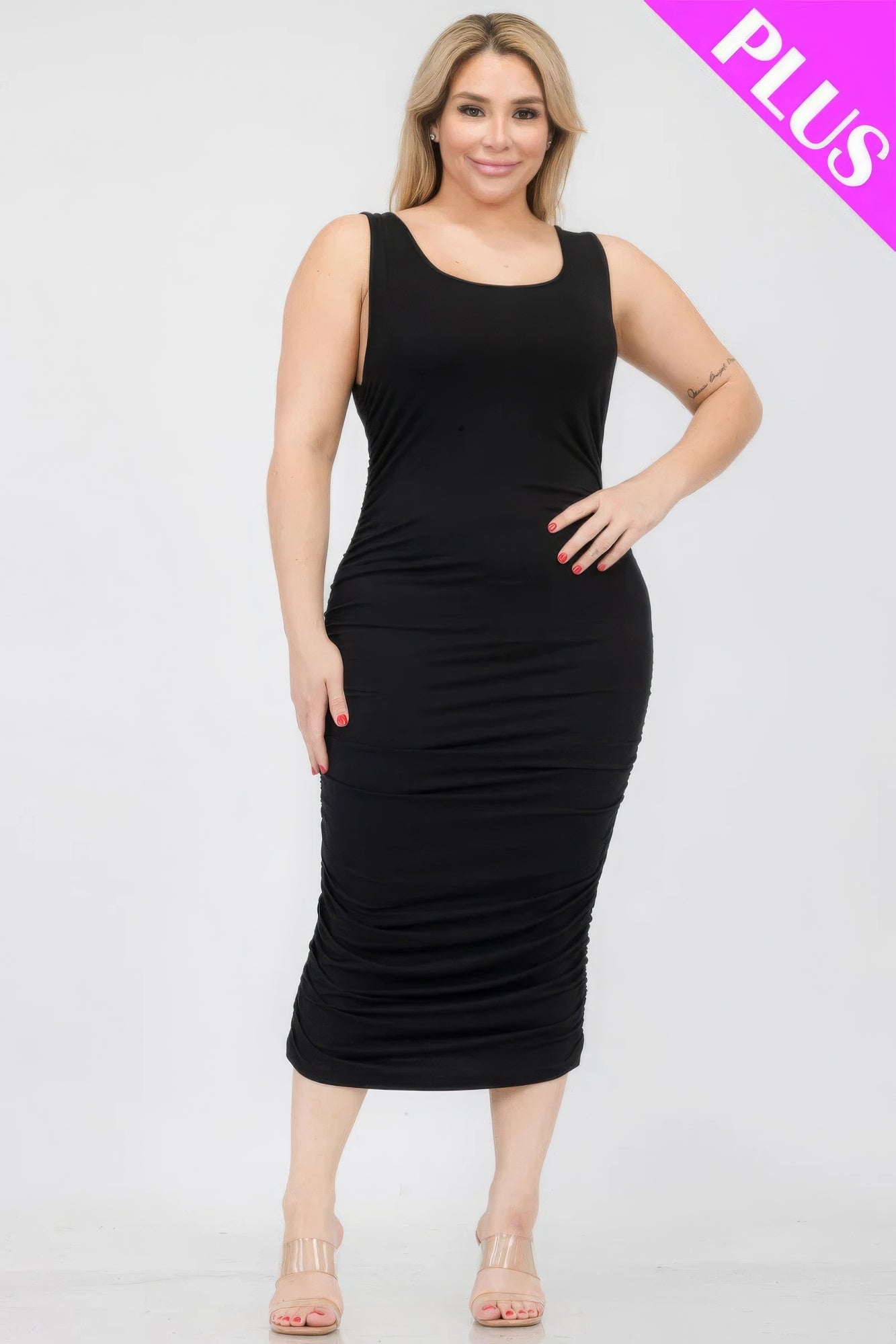 Plus Size Square Neck Ruched Bodycon Midi Dress - Flip Flop Dynasty