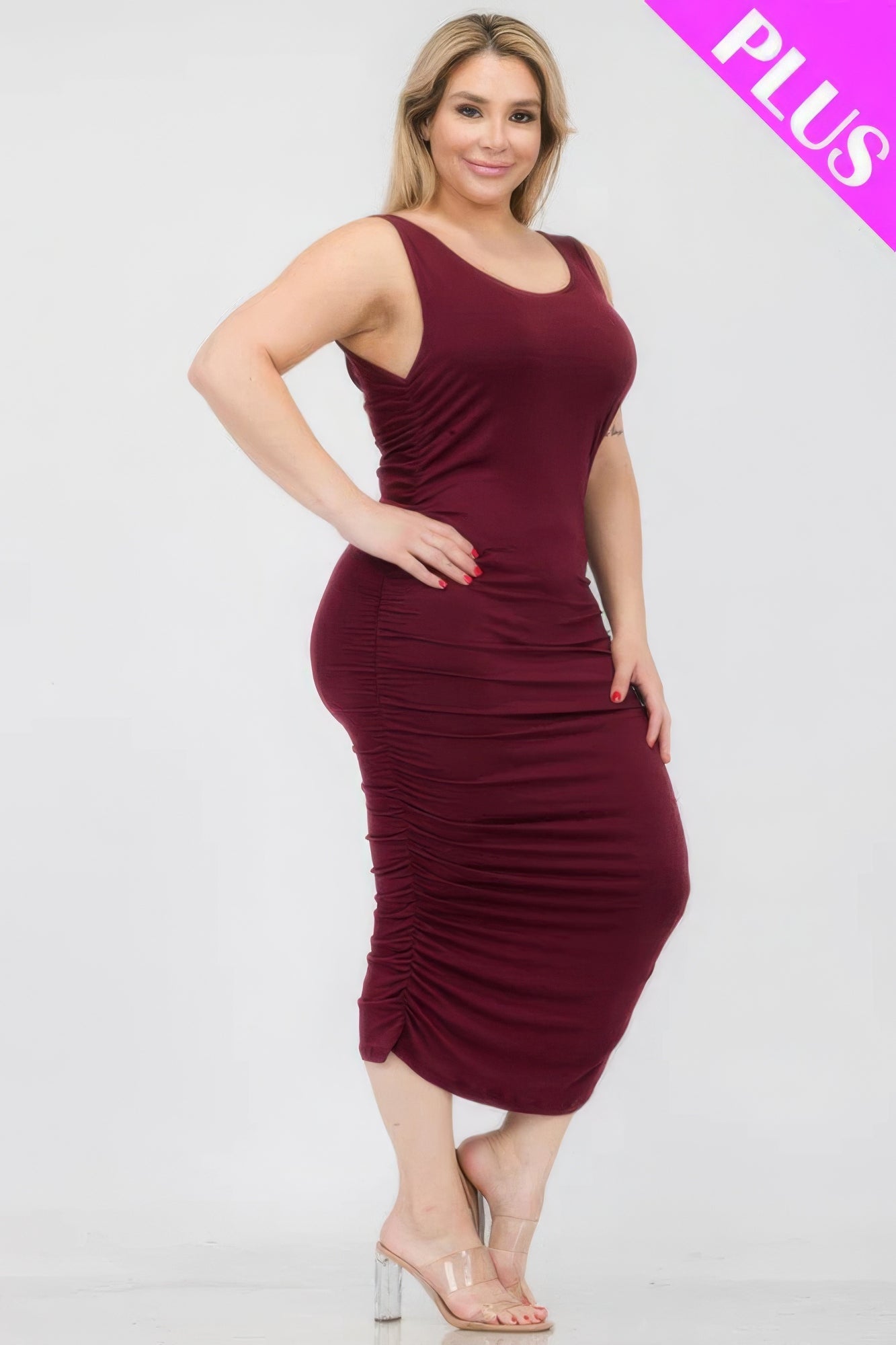 Plus Size Square Neck Ruched Bodycon Midi Dress - Flip Flop Dynasty