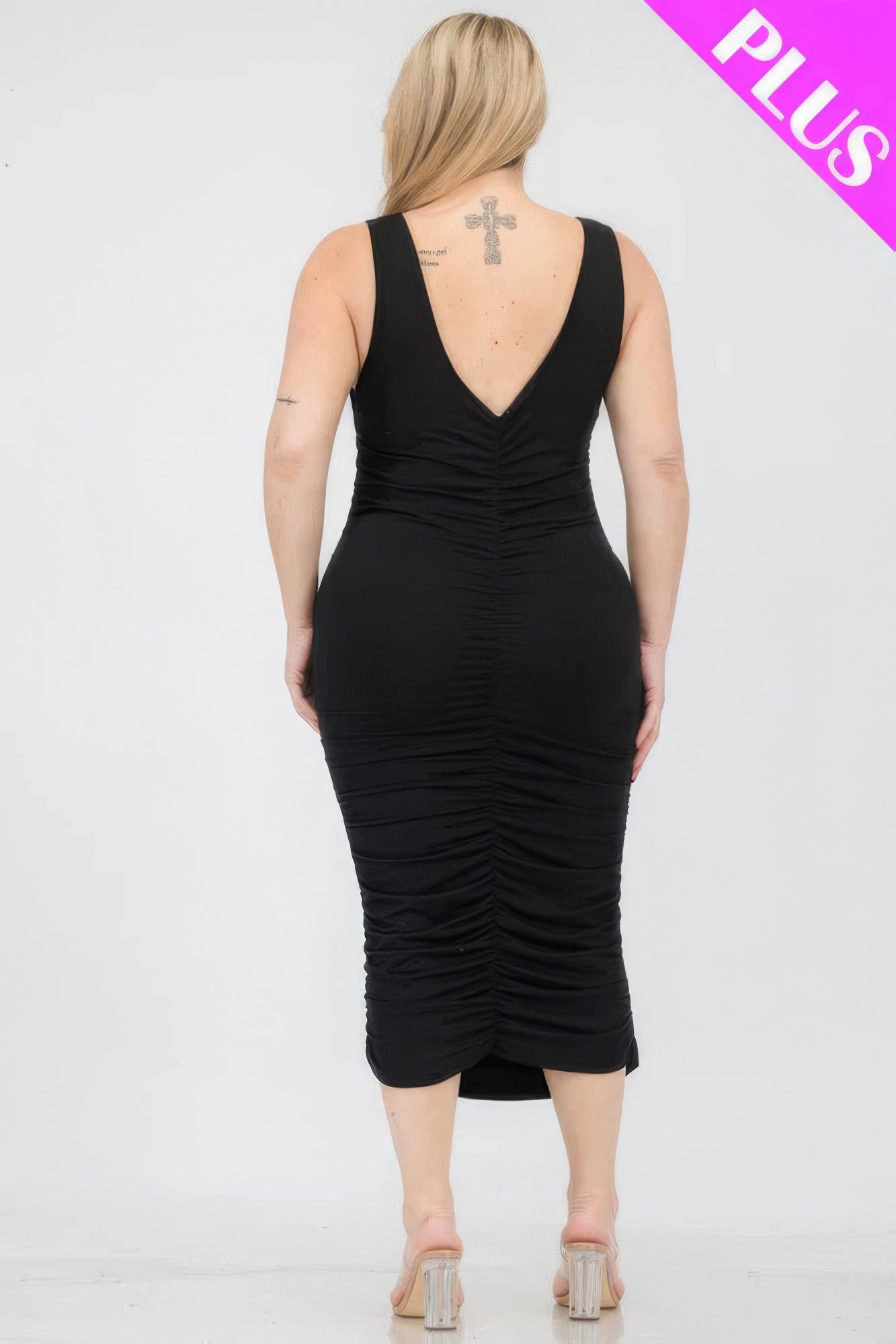 Plus Size Square Neck Ruched Bodycon Midi Dress - Flip Flop Dynasty