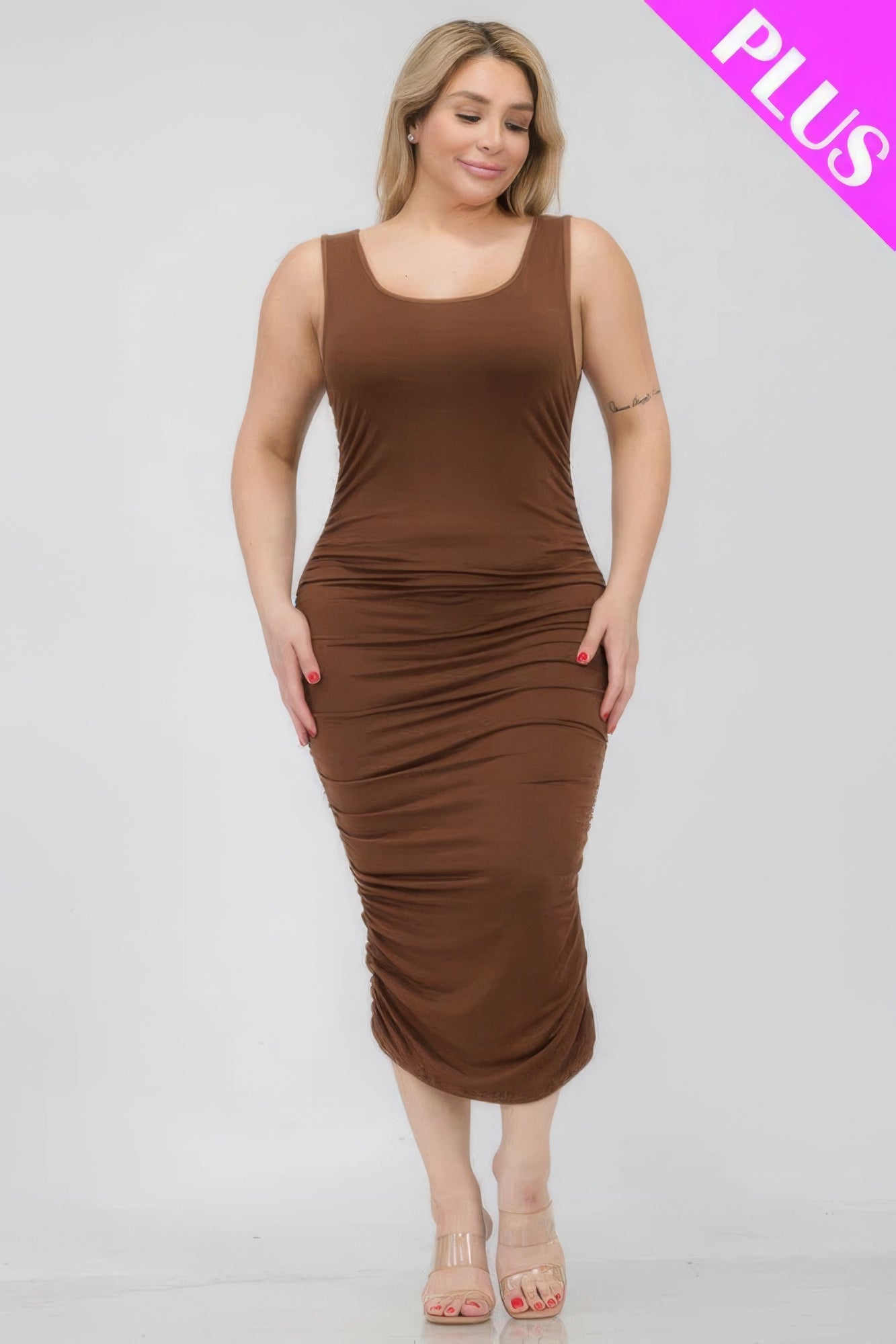 Plus Size Square Neck Ruched Bodycon Midi Dress - Flip Flop Dynasty