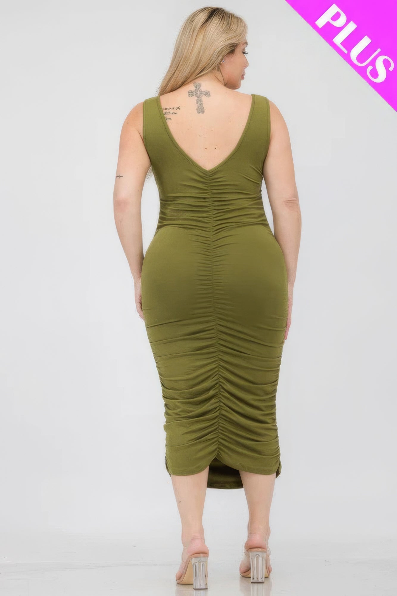 Plus Size Square Neck Ruched Bodycon Midi Dress - Flip Flop Dynasty