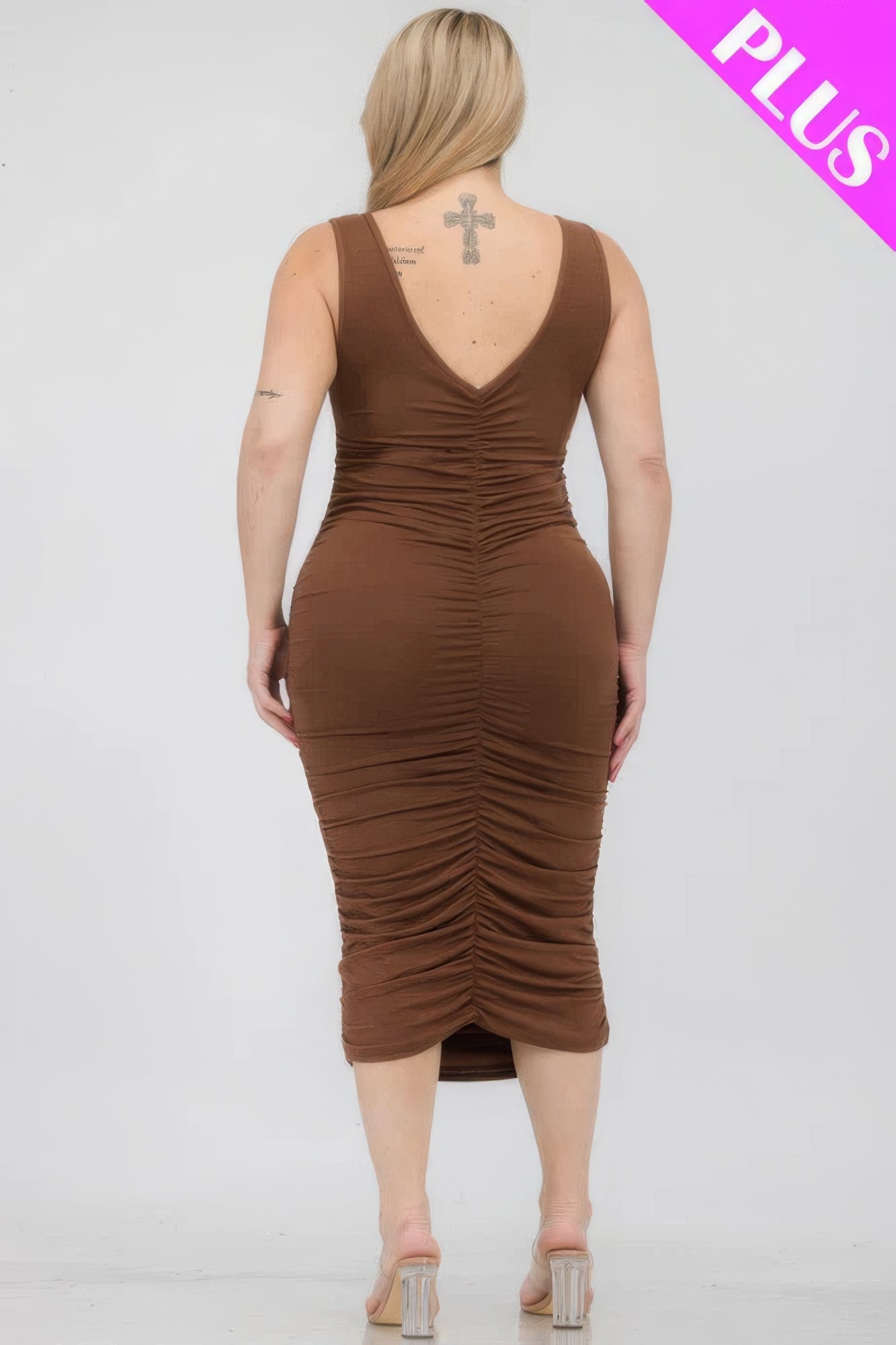 Plus Size Square Neck Ruched Bodycon Midi Dress - Flip Flop Dynasty