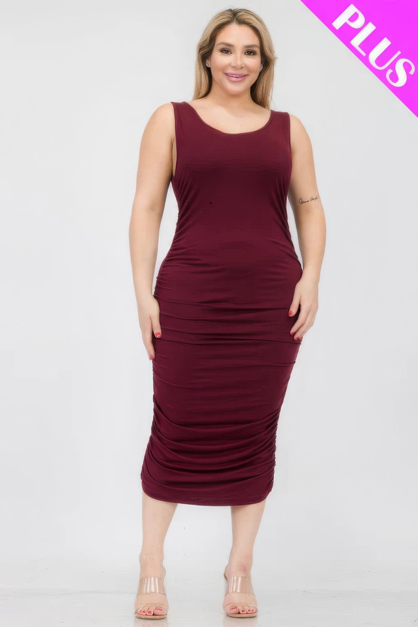 Plus Size Square Neck Ruched Bodycon Midi Dress - Flip Flop Dynasty