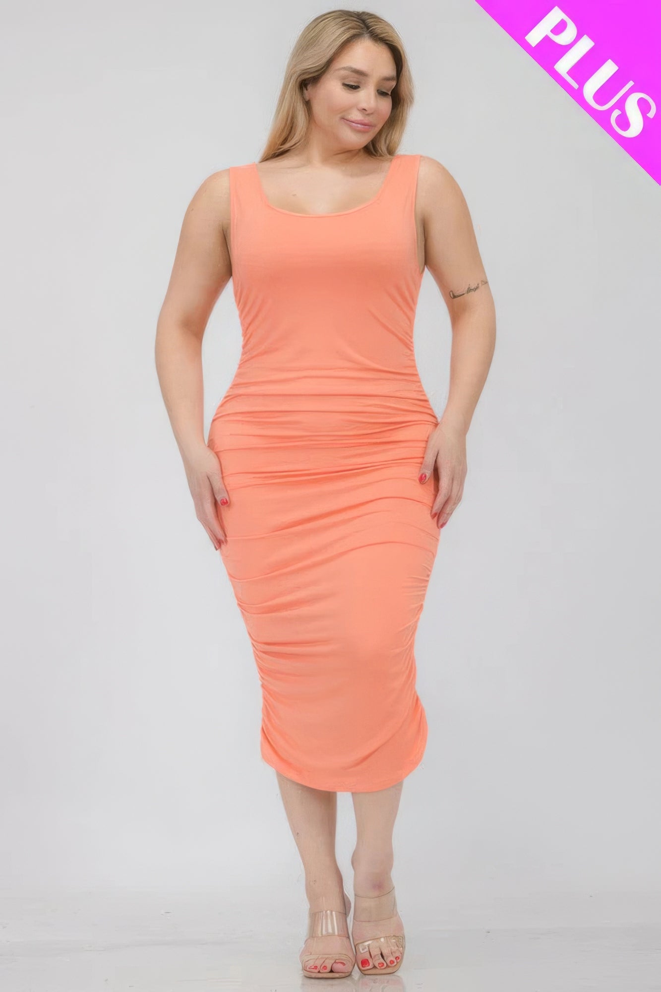 Plus Size Square Neck Ruched Bodycon Midi Dress - Flip Flop Dynasty