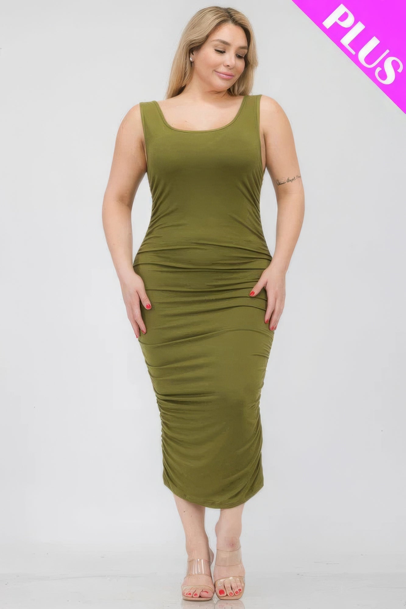 Plus Size Square Neck Ruched Bodycon Midi Dress - Flip Flop Dynasty