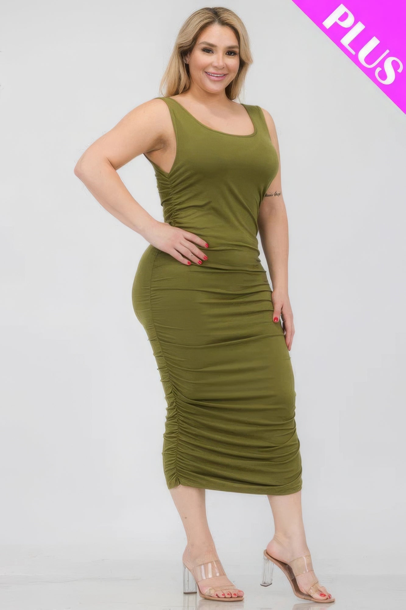 Plus Size Square Neck Ruched Bodycon Midi Dress - Flip Flop Dynasty