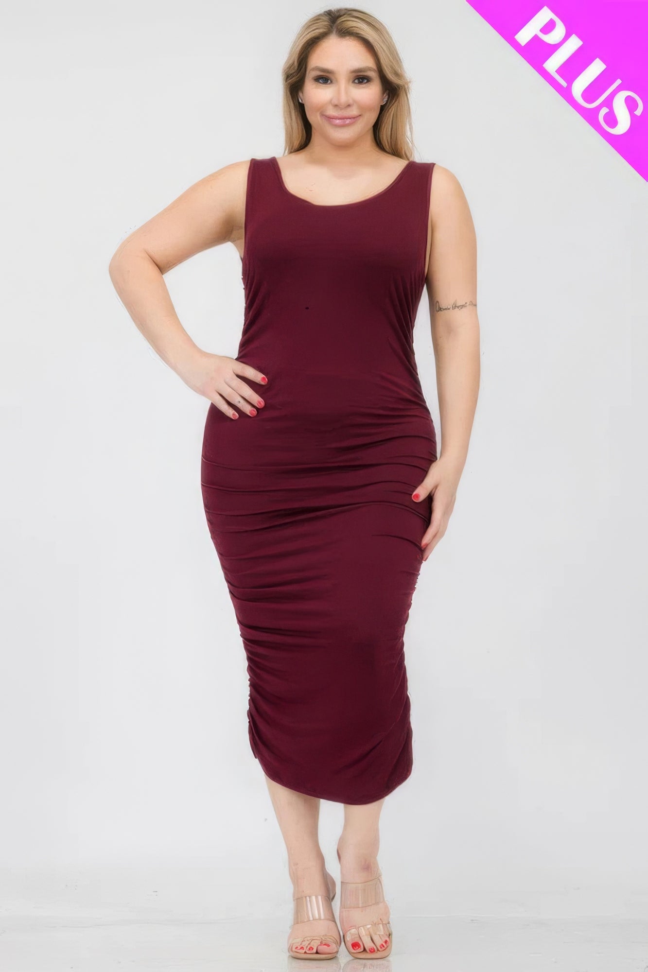Plus Size Square Neck Ruched Bodycon Midi Dress - Flip Flop Dynasty