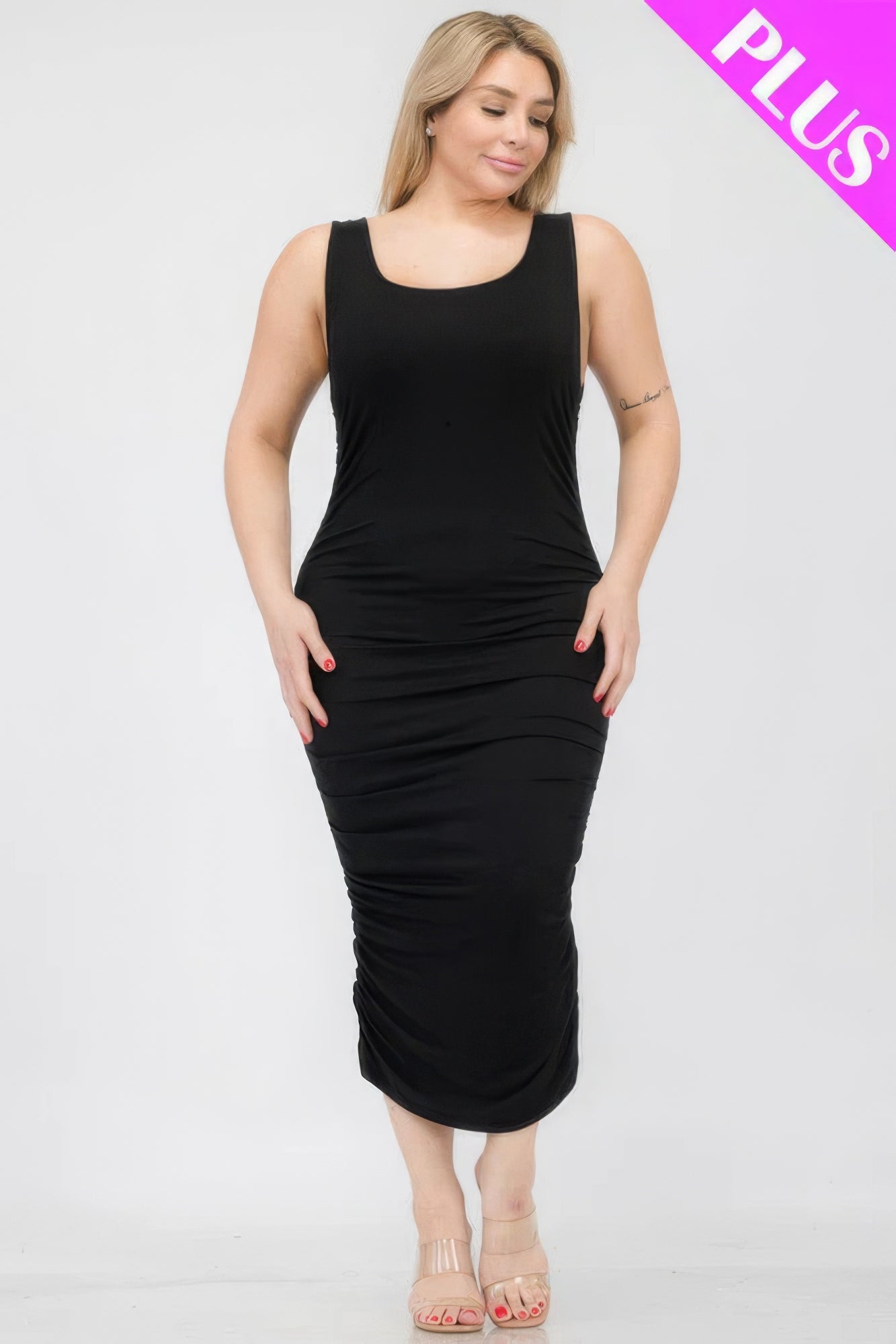 Plus Size Square Neck Ruched Bodycon Midi Dress - Flip Flop Dynasty