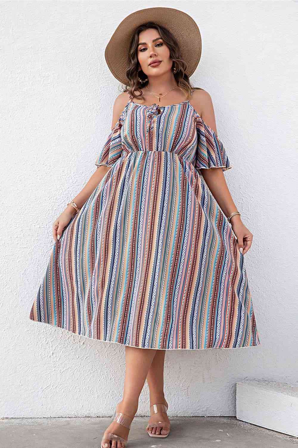 Plus Size Striped Cold - Shoulder Dress - Flip Flop Dynasty