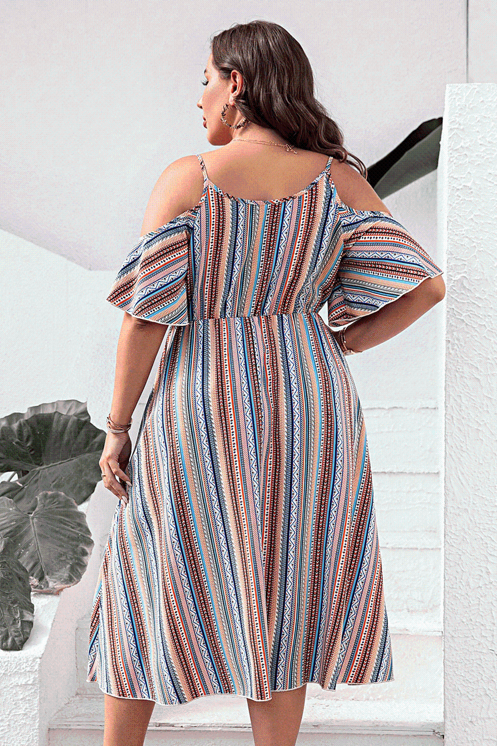 Plus Size Striped Cold - Shoulder Dress - Flip Flop Dynasty