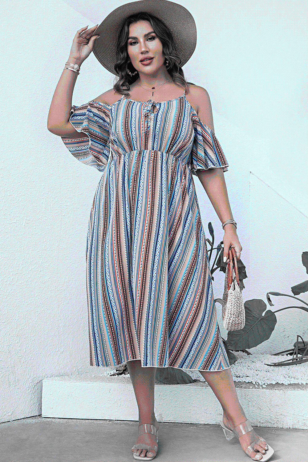 Plus Size Striped Cold - Shoulder Dress - Flip Flop Dynasty