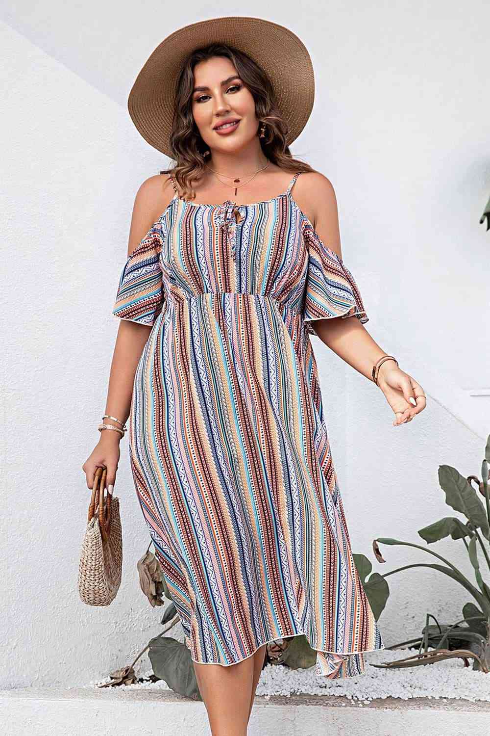 Plus Size Striped Cold - Shoulder Dress - Flip Flop Dynasty