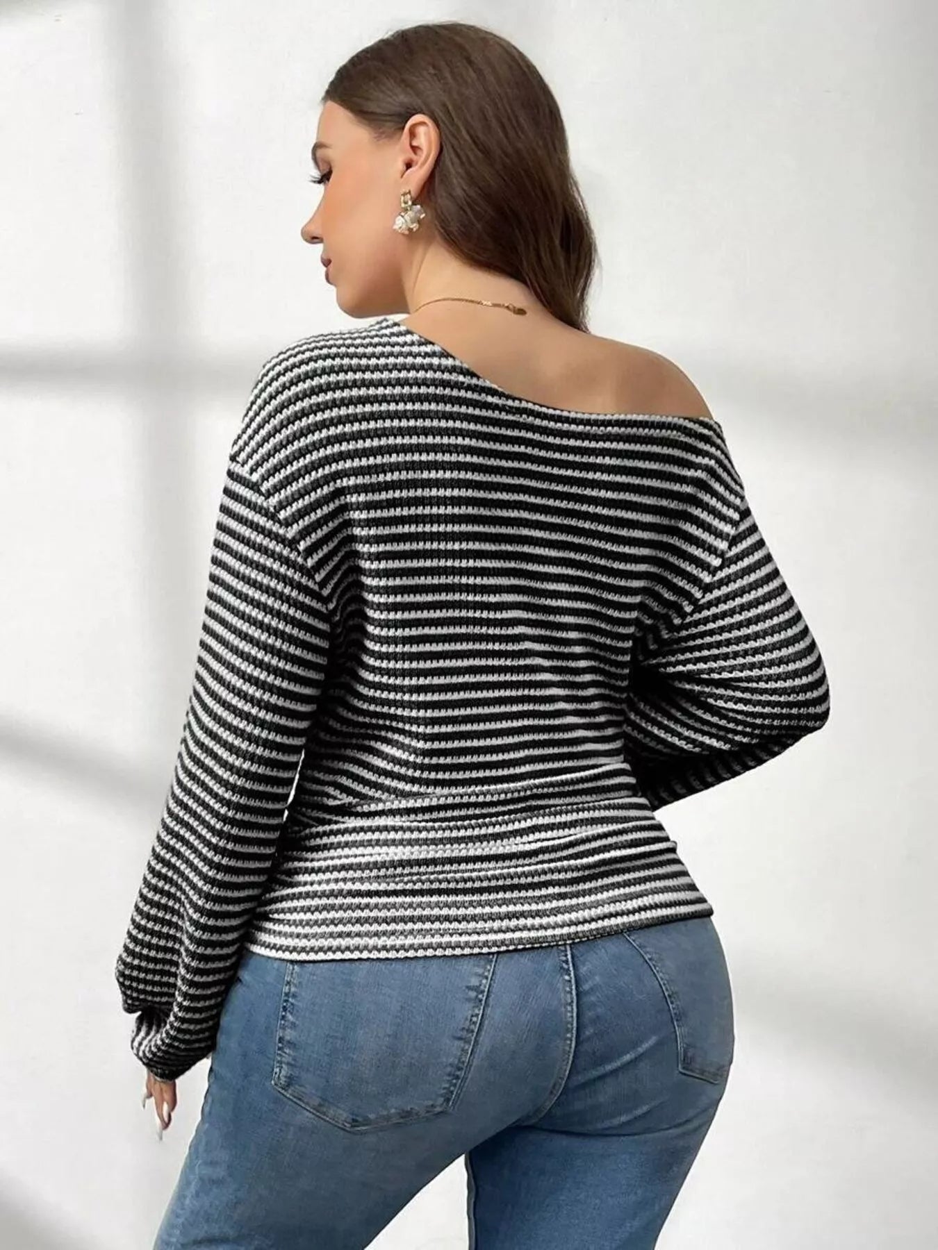 Plus Size Striped One - Shoulder Long Sleeve T-Shirt - Flip Flop Dynasty