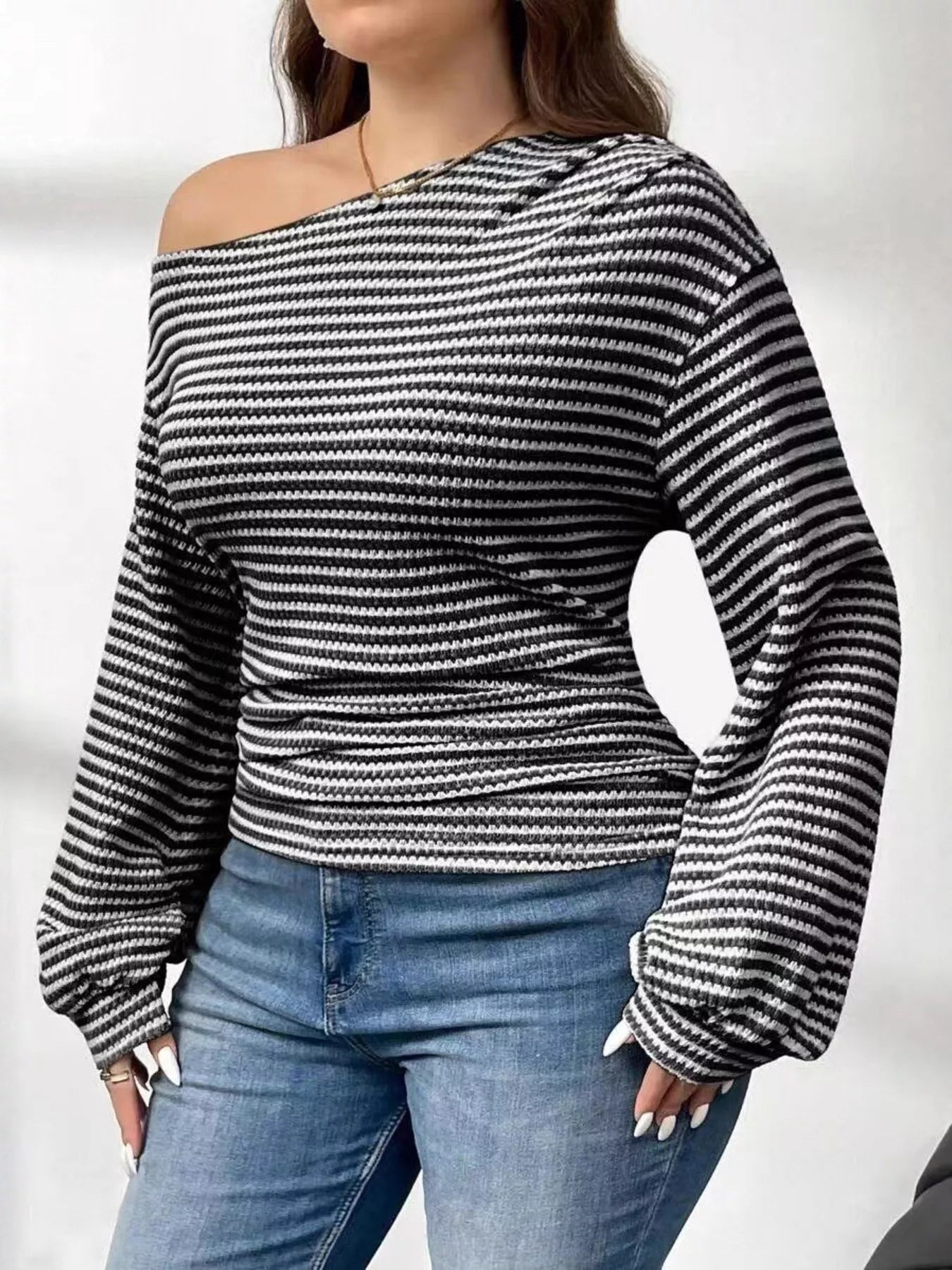Plus Size Striped One - Shoulder Long Sleeve T-Shirt - Flip Flop Dynasty