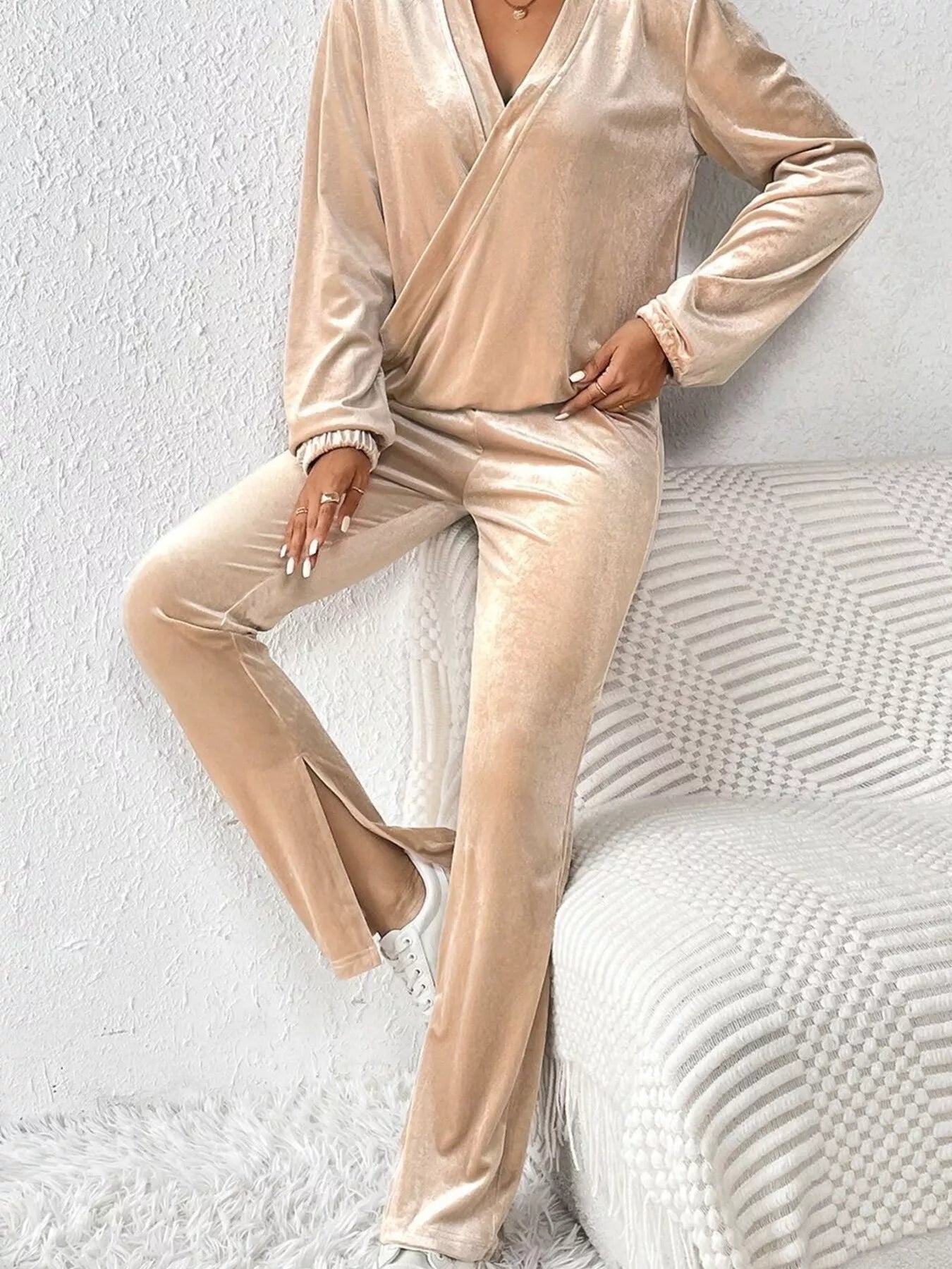 Plus Size Surplice Long Sleeve Top and Pants Set - Flip Flop Dynasty