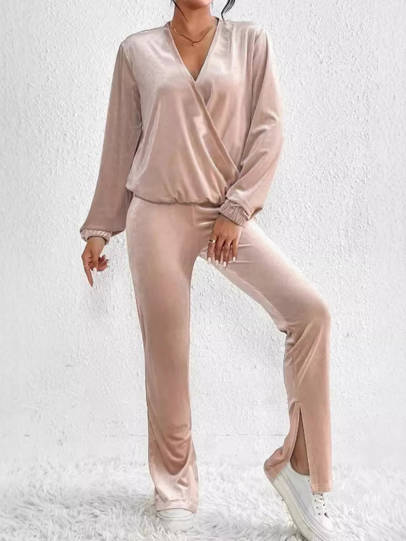 Plus Size Surplice Long Sleeve Top and Pants Set - Flip Flop Dynasty