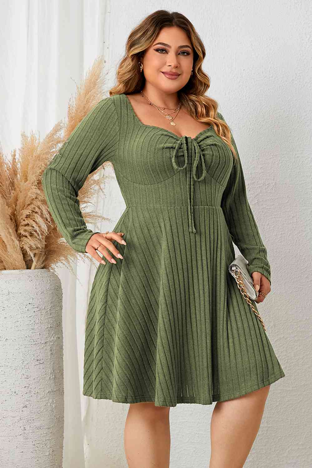 Plus Size Sweetheart Neck Long Sleeve Ribbed Dress - Flip Flop Dynasty