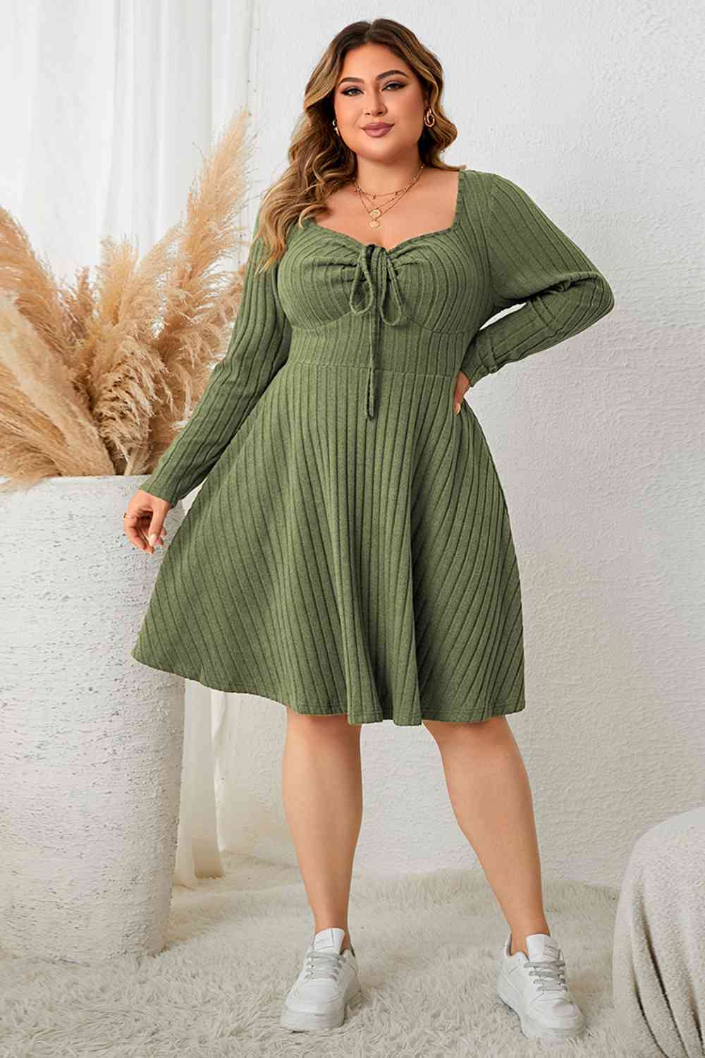 Plus Size Sweetheart Neck Long Sleeve Ribbed Dress - Flip Flop Dynasty