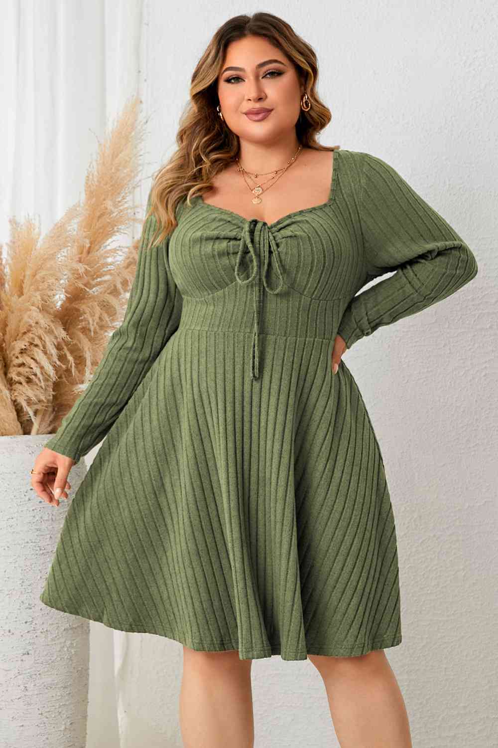 Plus Size Sweetheart Neck Long Sleeve Ribbed Dress - Flip Flop Dynasty