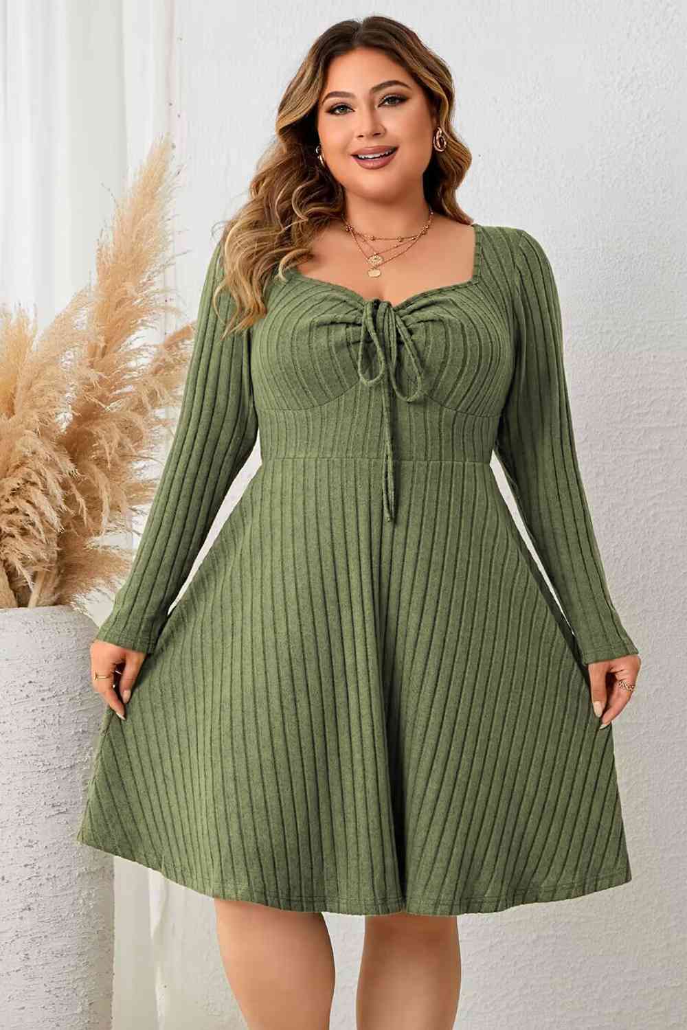 Plus Size Sweetheart Neck Long Sleeve Ribbed Dress - Flip Flop Dynasty