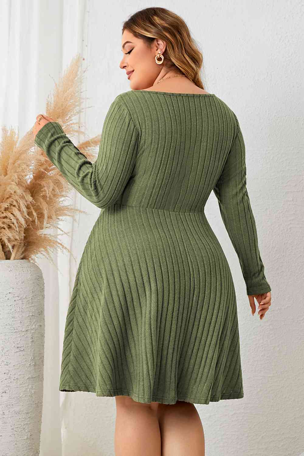 Plus Size Sweetheart Neck Long Sleeve Ribbed Dress - Flip Flop Dynasty