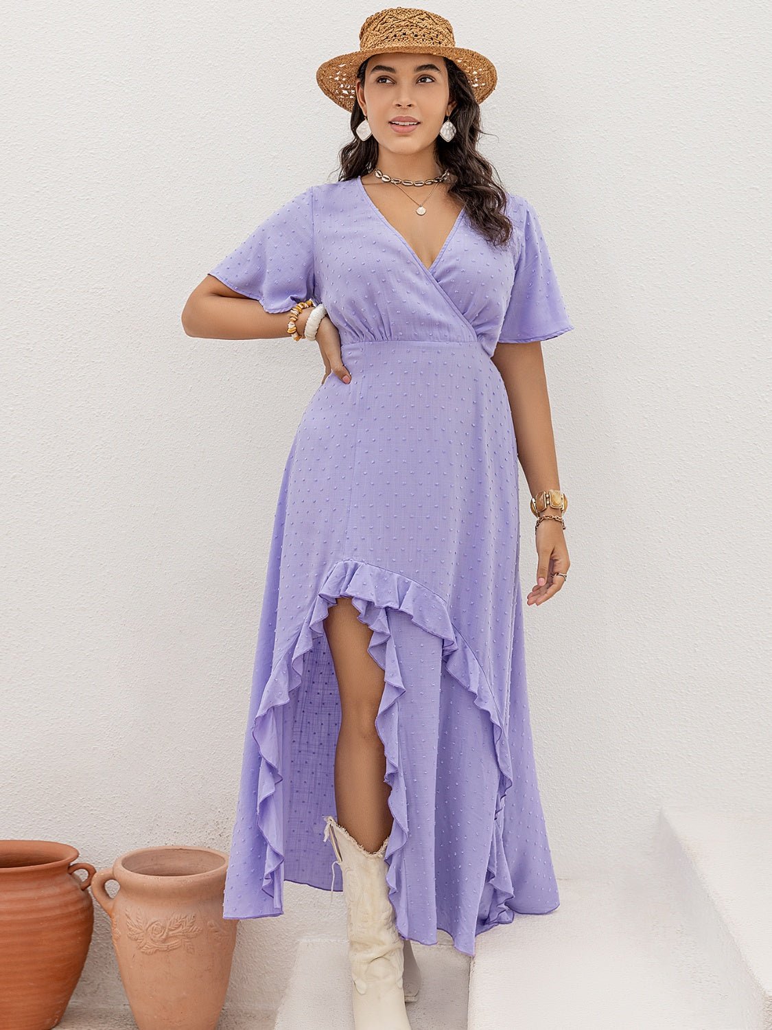 Plus Size Swiss Dot High - Low Surplice Dress - Flip Flop Dynasty