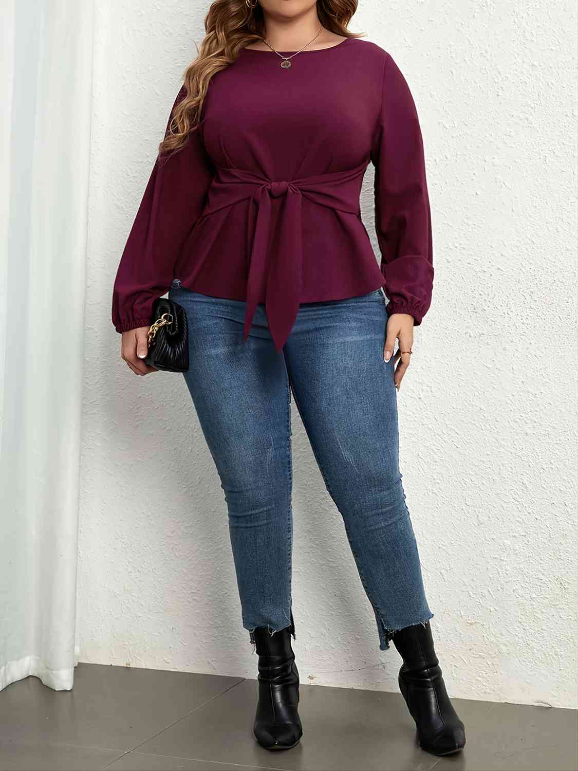 Plus Size Tie Front Long Sleeve Blouse - Flip Flop Dynasty
