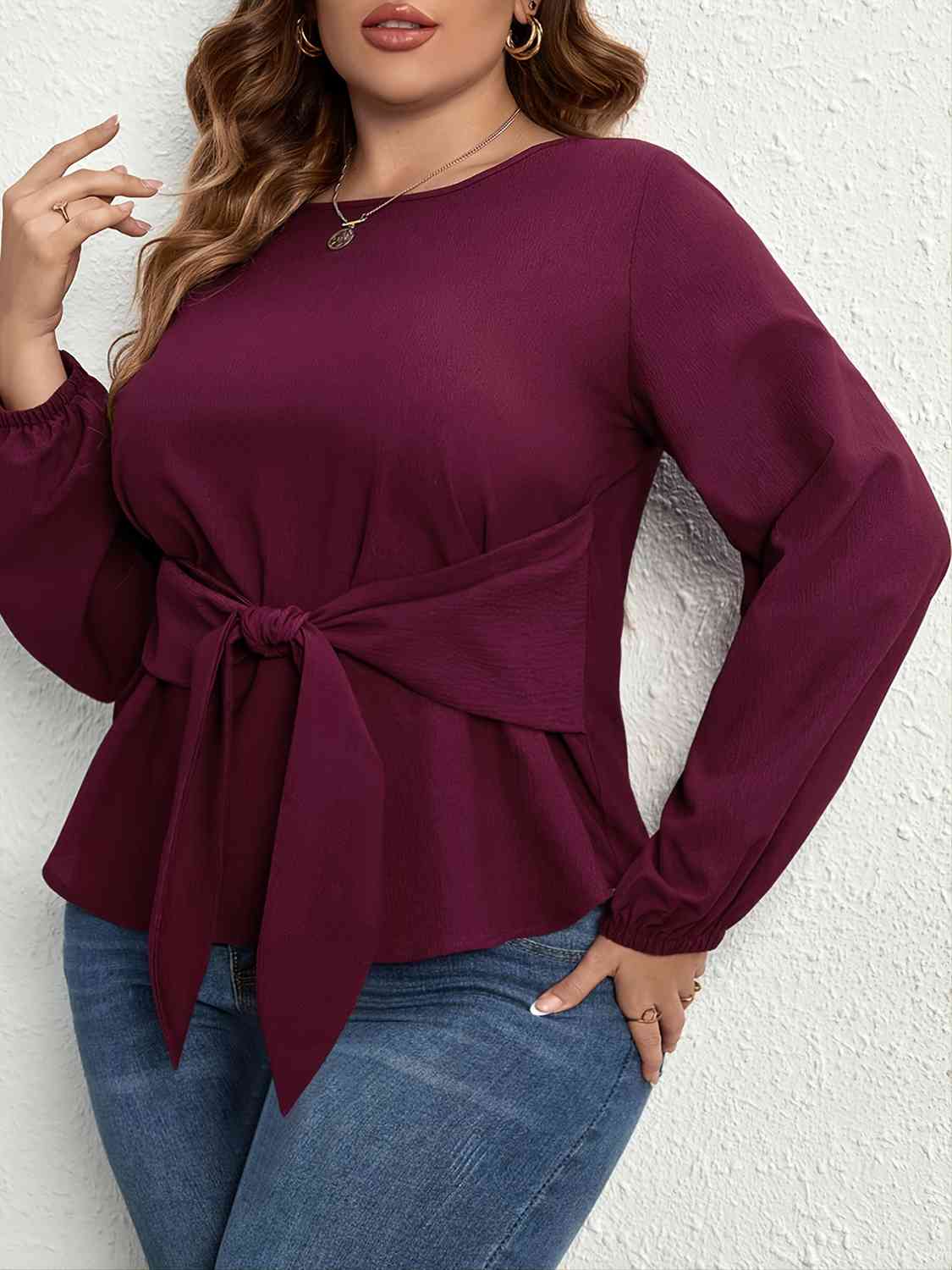 Plus Size Tie Front Long Sleeve Blouse - Flip Flop Dynasty
