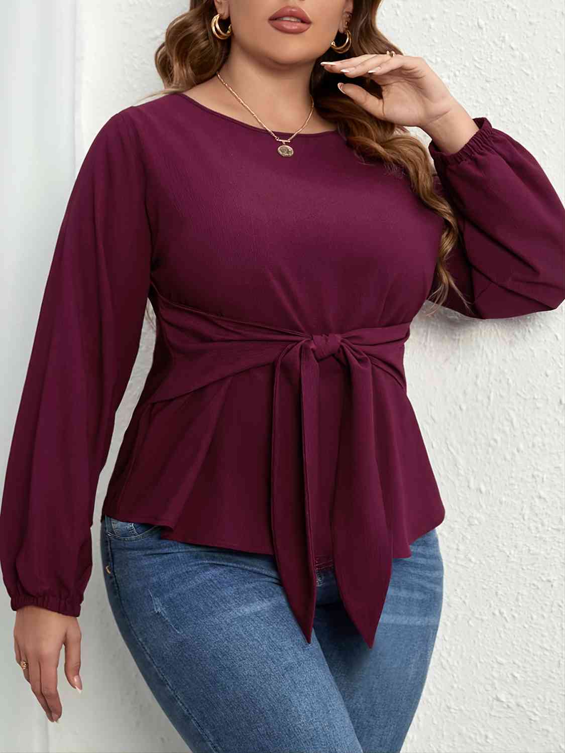 Plus Size Tie Front Long Sleeve Blouse - Flip Flop Dynasty