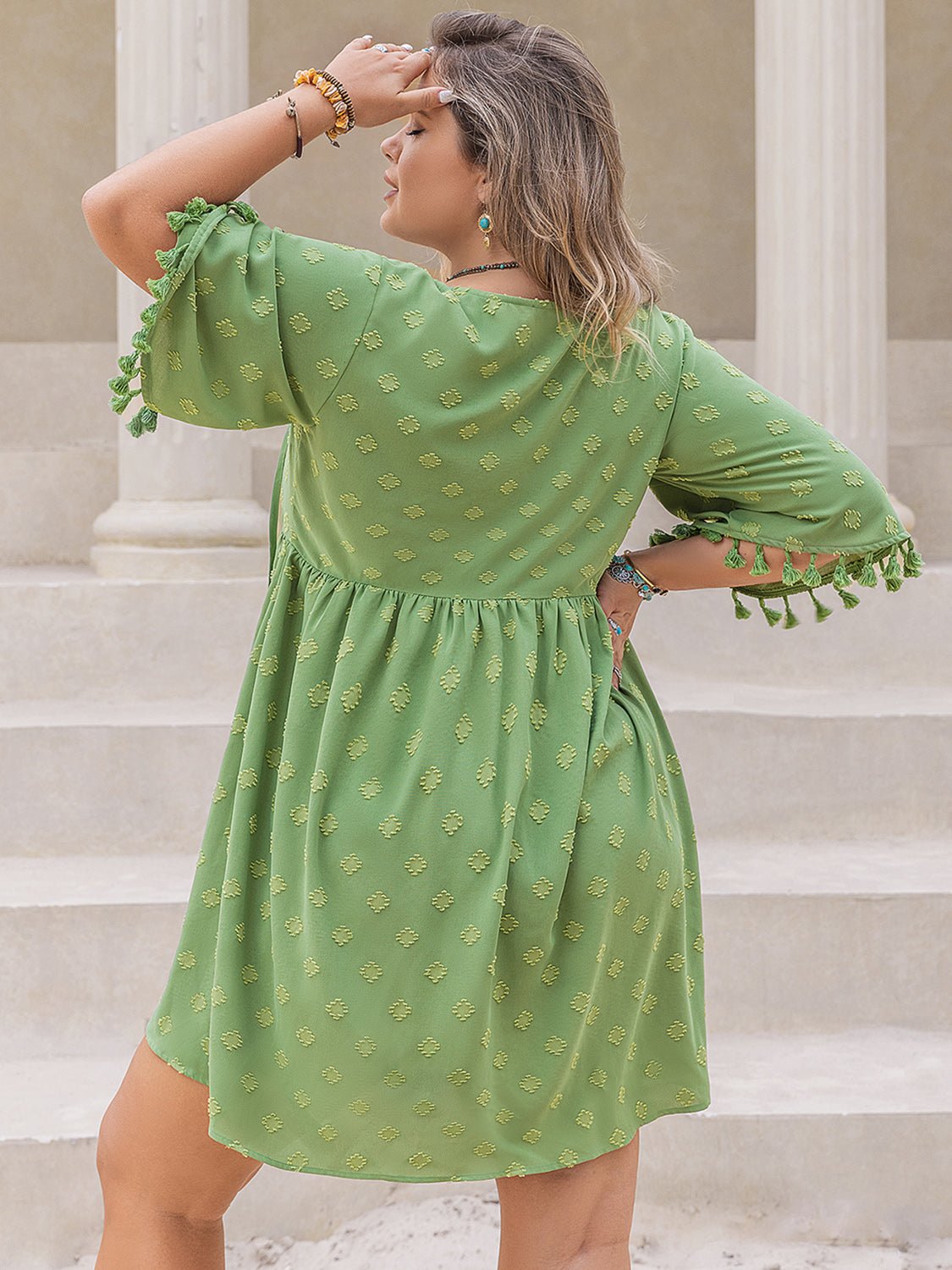 Plus Size Tied Tassel Half Sleeve Mini Dress - Flip Flop Dynasty