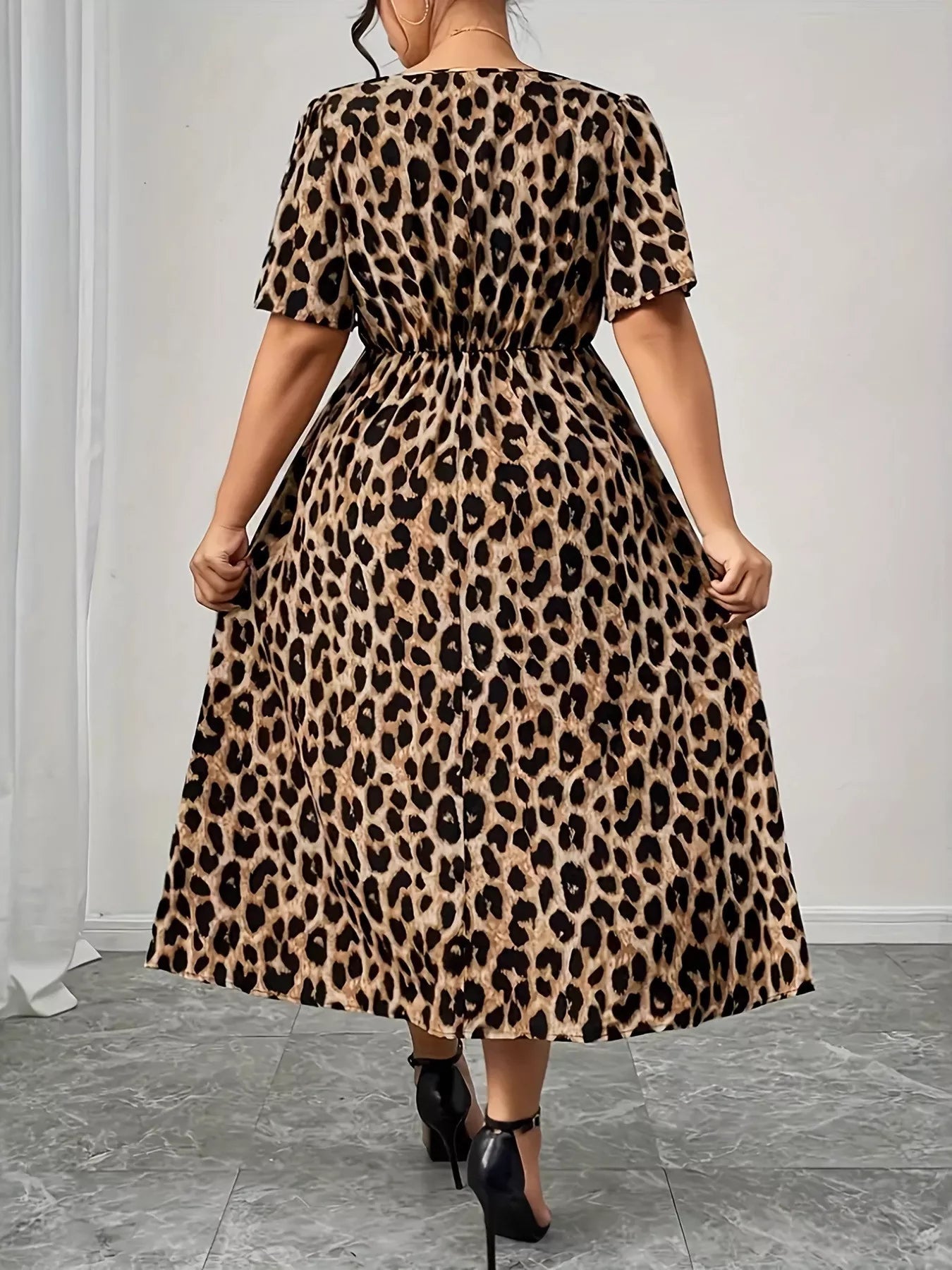 Plus Size Twisted Front Leopard Short Sleeve Dress - Flip Flop Dynasty