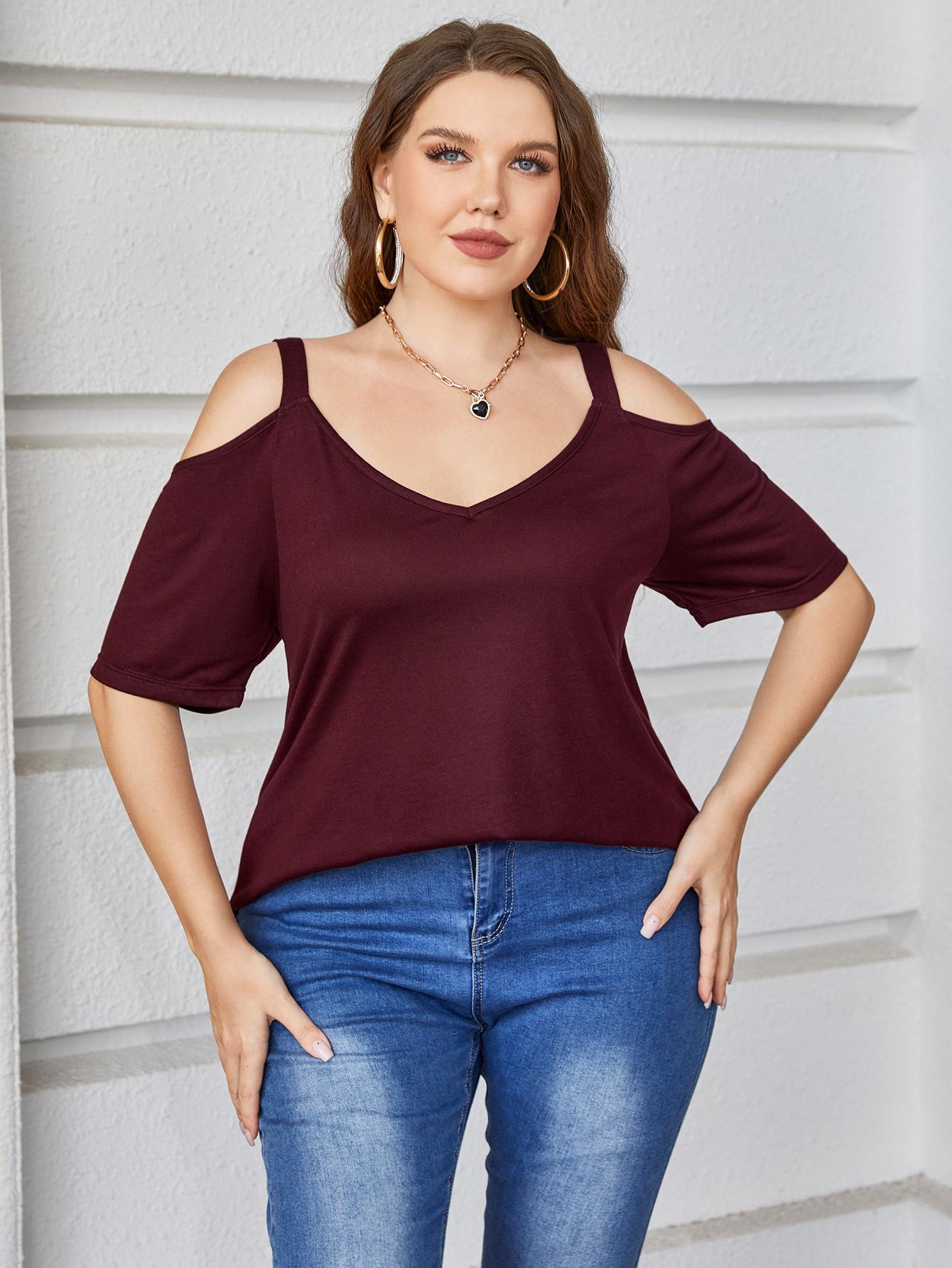 Plus Size V - Neck Cold - Shoulder Blouse - Flip Flop Dynasty