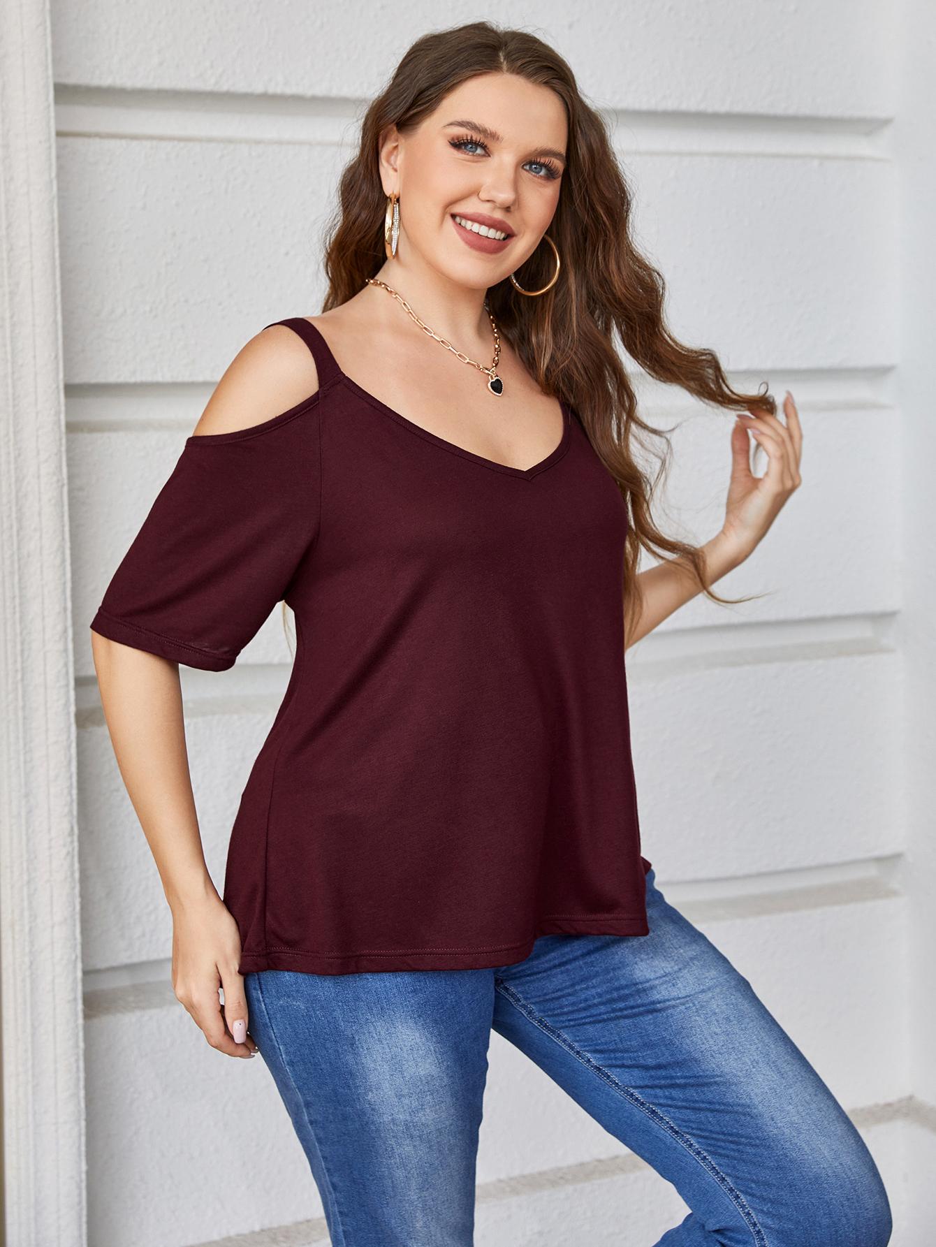 Plus Size V - Neck Cold - Shoulder Blouse - Flip Flop Dynasty