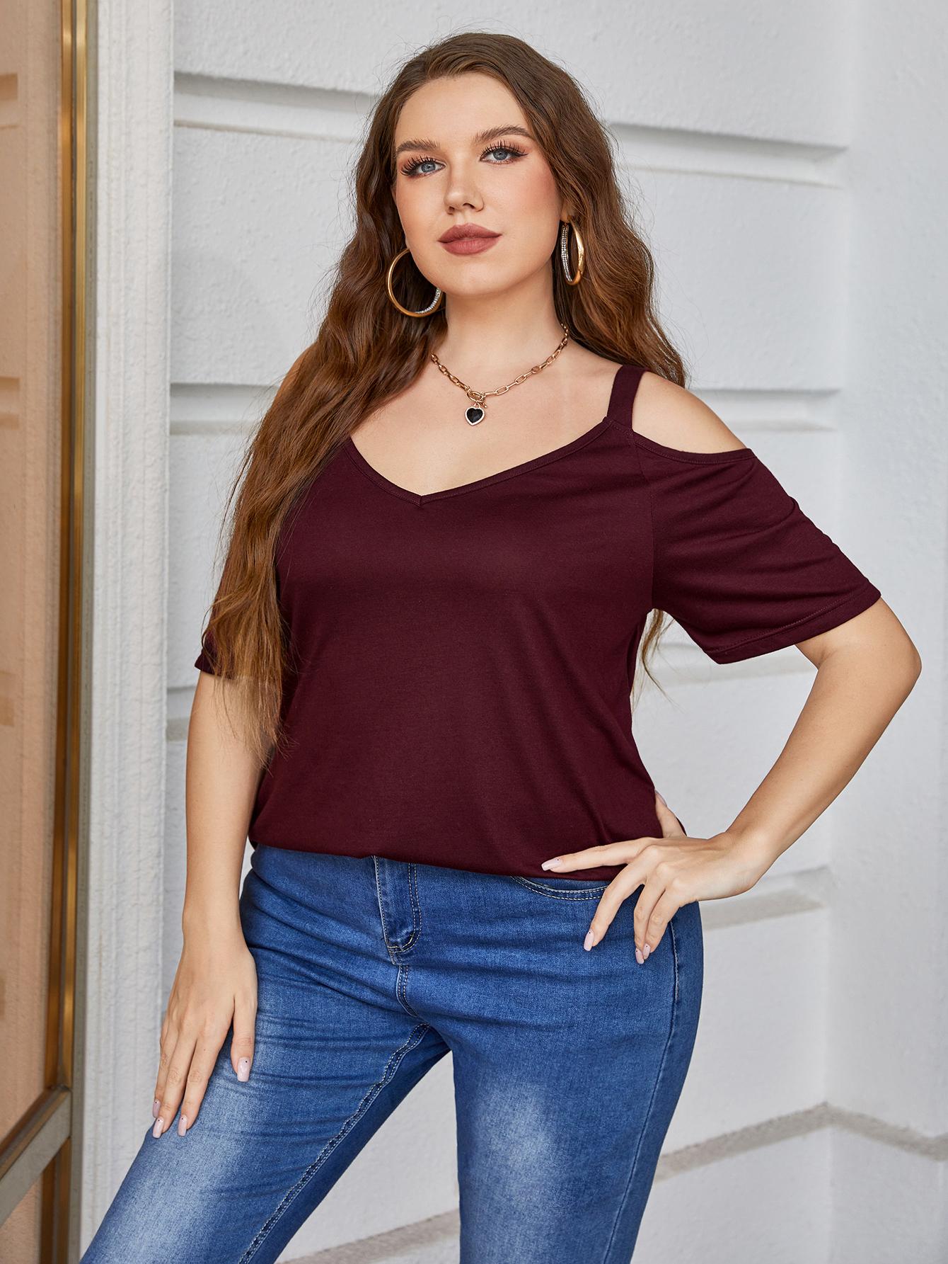 Plus Size V - Neck Cold - Shoulder Blouse - Flip Flop Dynasty