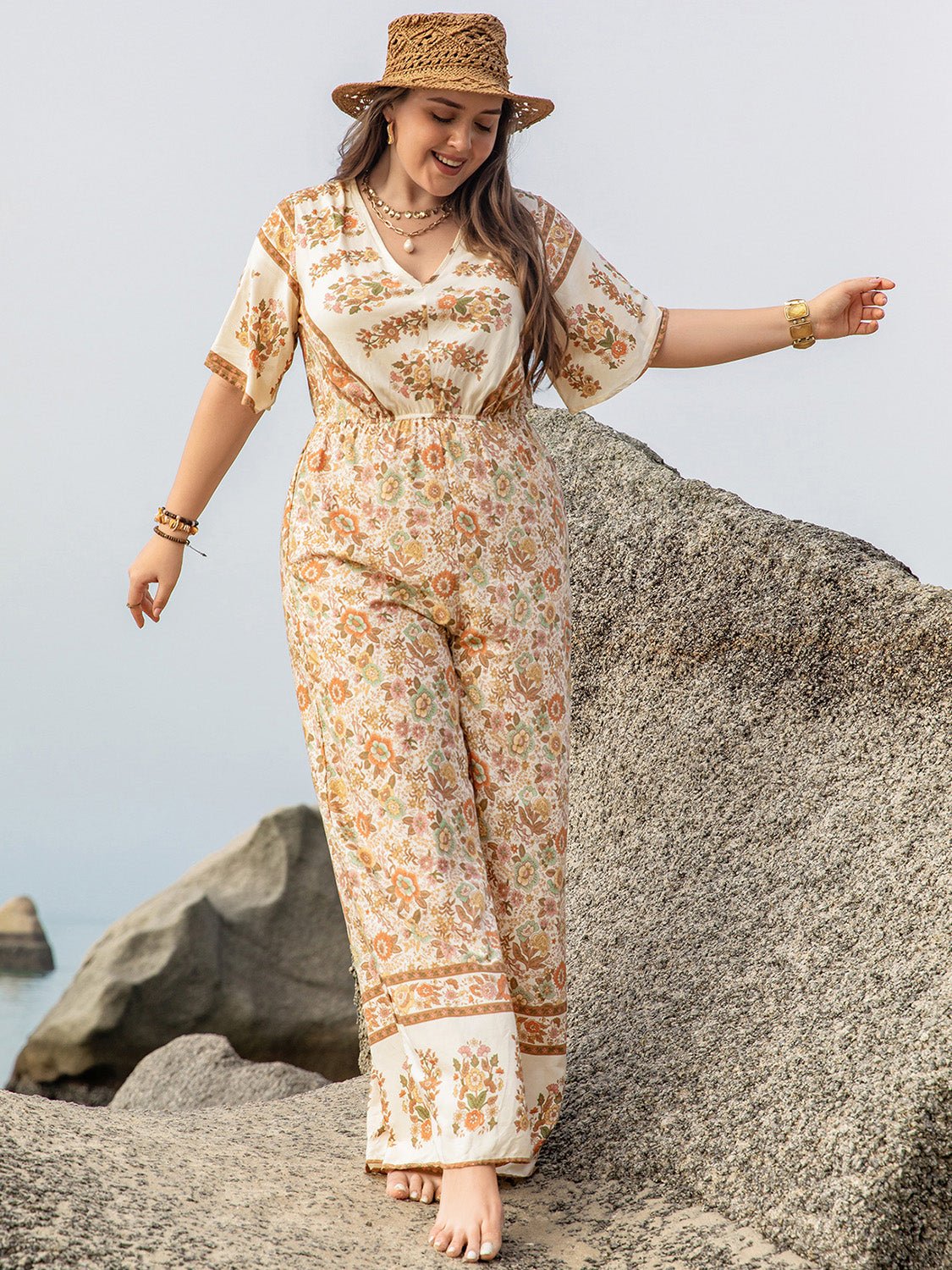 Plus Size V - Neck Flutter Sleeve Wide Leg Jumpsuit - Flip Flop Dynasty