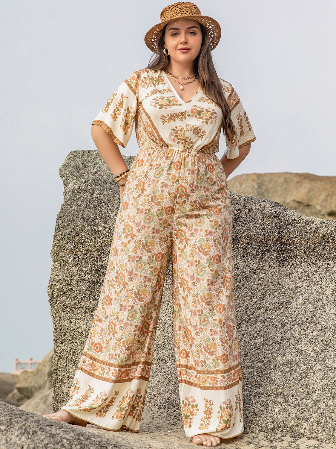 Plus Size V - Neck Flutter Sleeve Wide Leg Jumpsuit - Flip Flop Dynasty