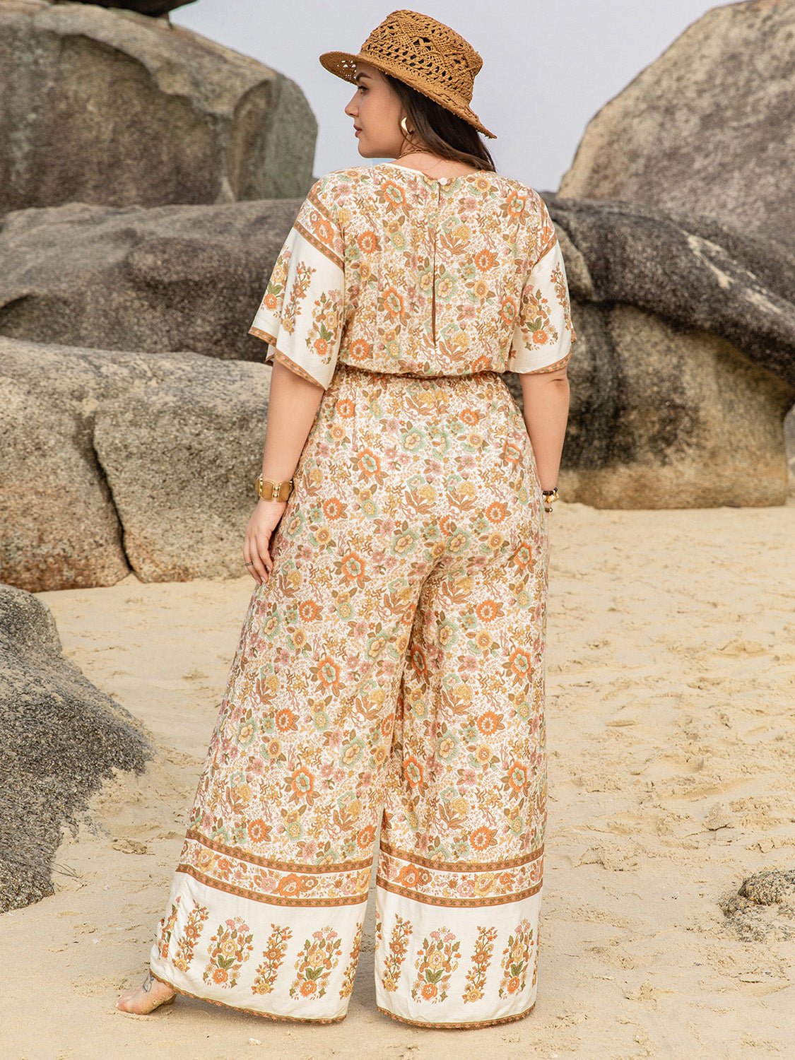 Plus Size V - Neck Flutter Sleeve Wide Leg Jumpsuit - Flip Flop Dynasty