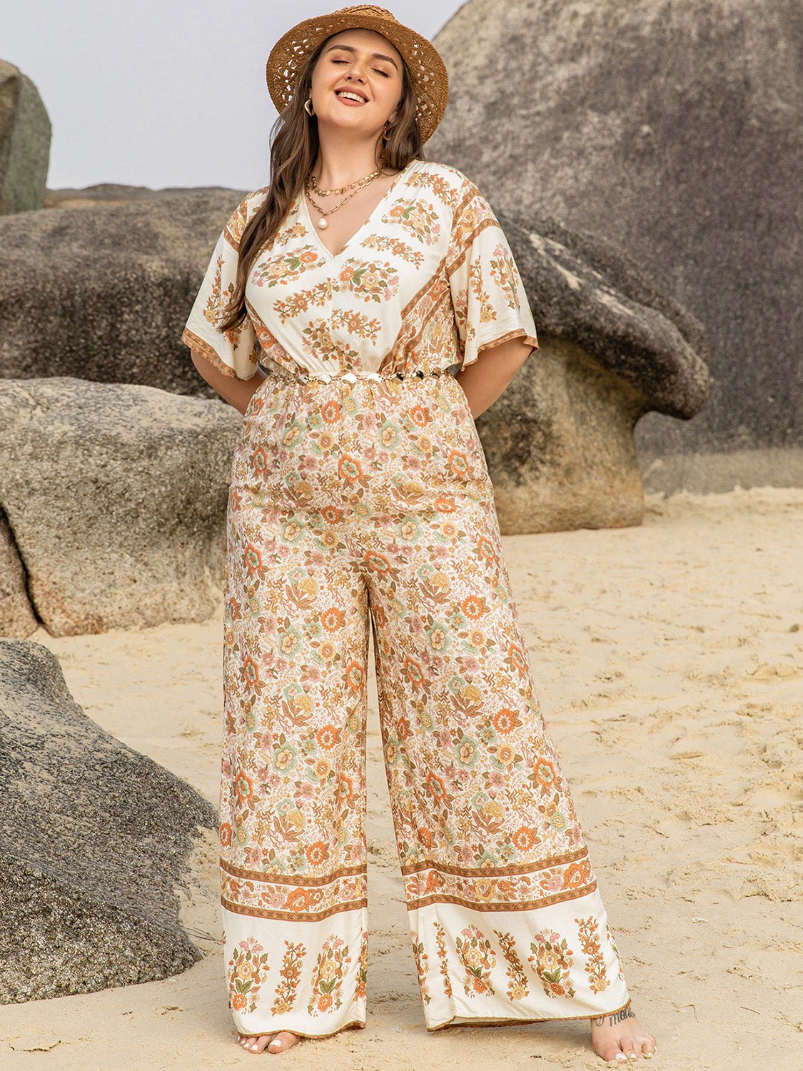 Plus Size V - Neck Flutter Sleeve Wide Leg Jumpsuit - Flip Flop Dynasty