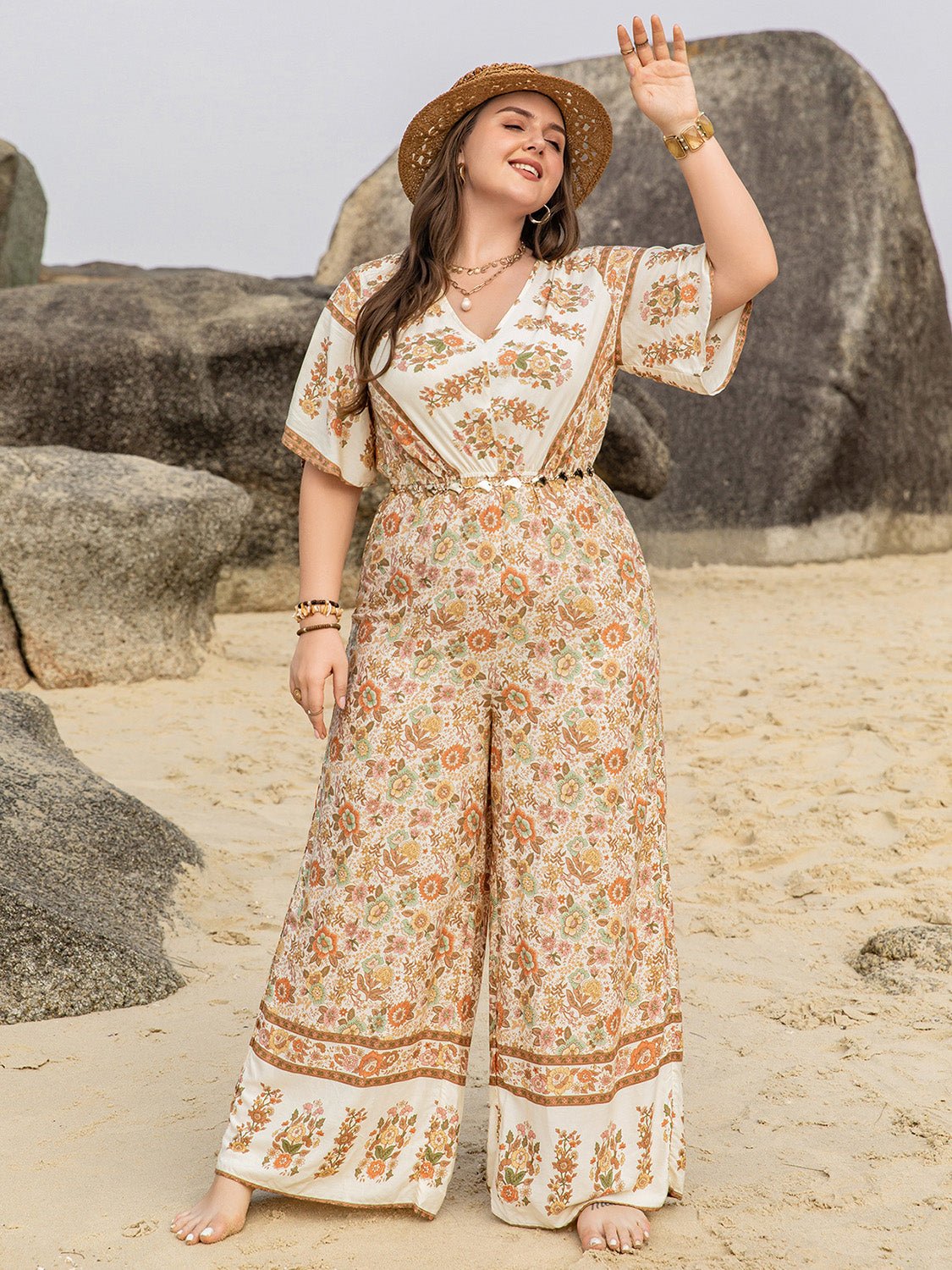 Plus Size V - Neck Flutter Sleeve Wide Leg Jumpsuit - Flip Flop Dynasty